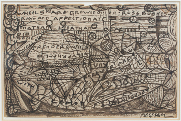 Elsa von Freytag-Loringhoven. Wheels are Growing on Rose Bushes, 1921-22 Ink on paper, 5 3/4 x 8 3/4 inches. Francis Naumann Fine Art, New York.